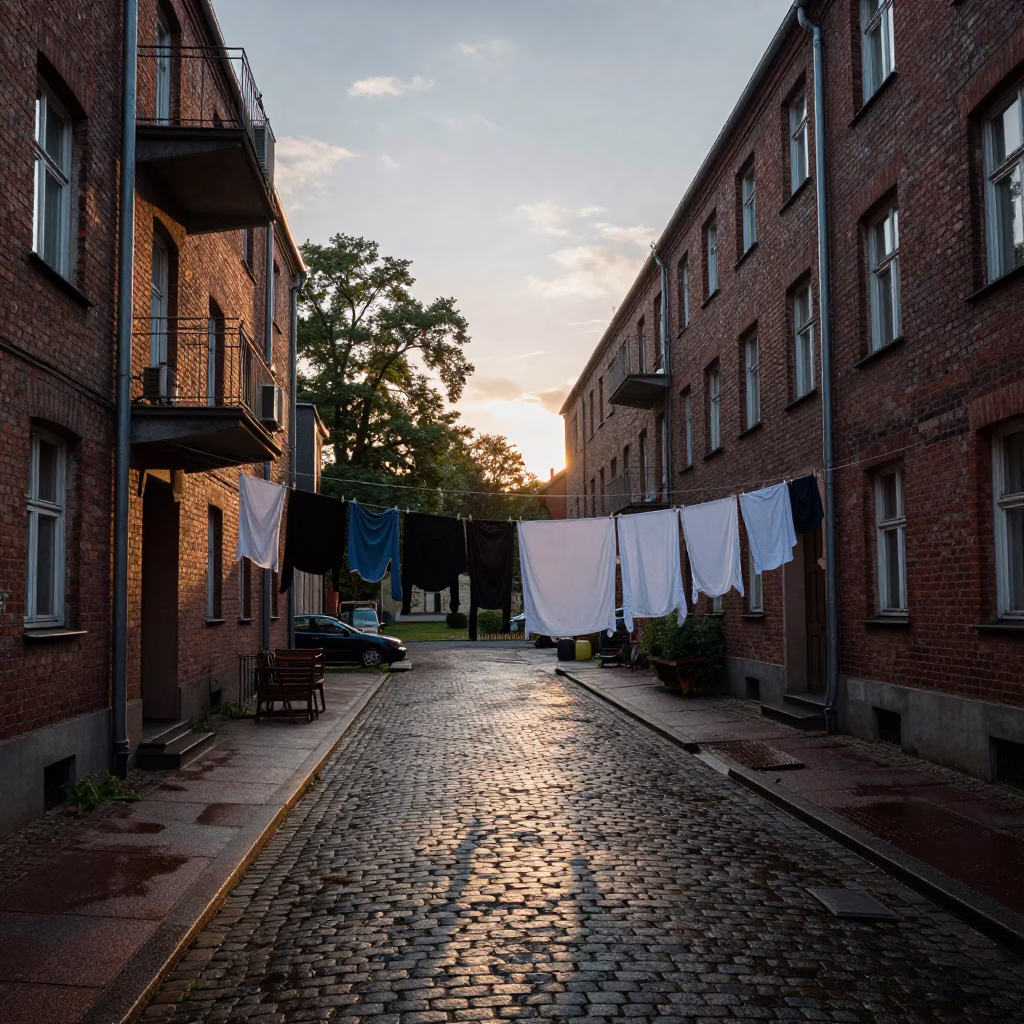 Berlin Nautical Dawn Street Scene with Clothesline and Urban Life in in Berlin, Germany