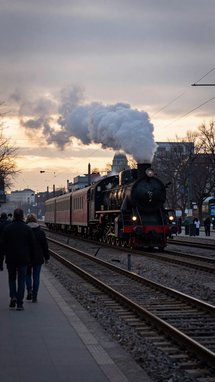 Berlin Nautical Dawn Street Scene with Steam Train and Urban Elements in in Berlin, Germany