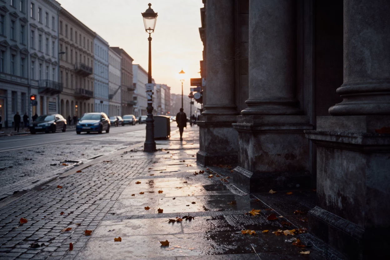 Berlin Nautical Dawn Street Scene with Wet Leaves and University Arcade Columns in in Berlin, Germany