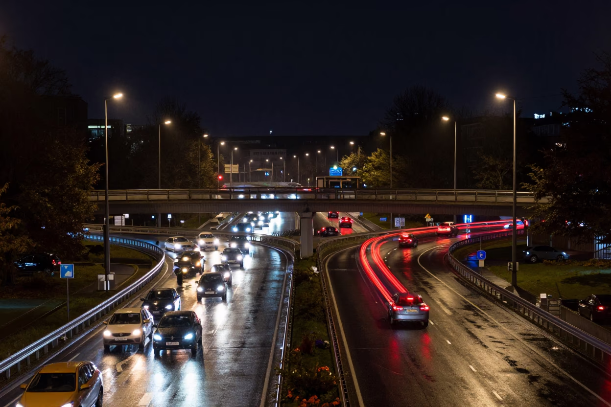 Berlin Night Overpass Interchange Glowing Taillights After Rain Under Deep Sky in in Berlin, Germany