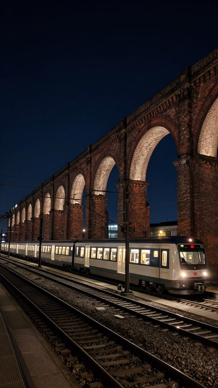 Berlin Night Railway Viaduct Arches Passing Train Under Deep Sky in in Berlin, Germany
