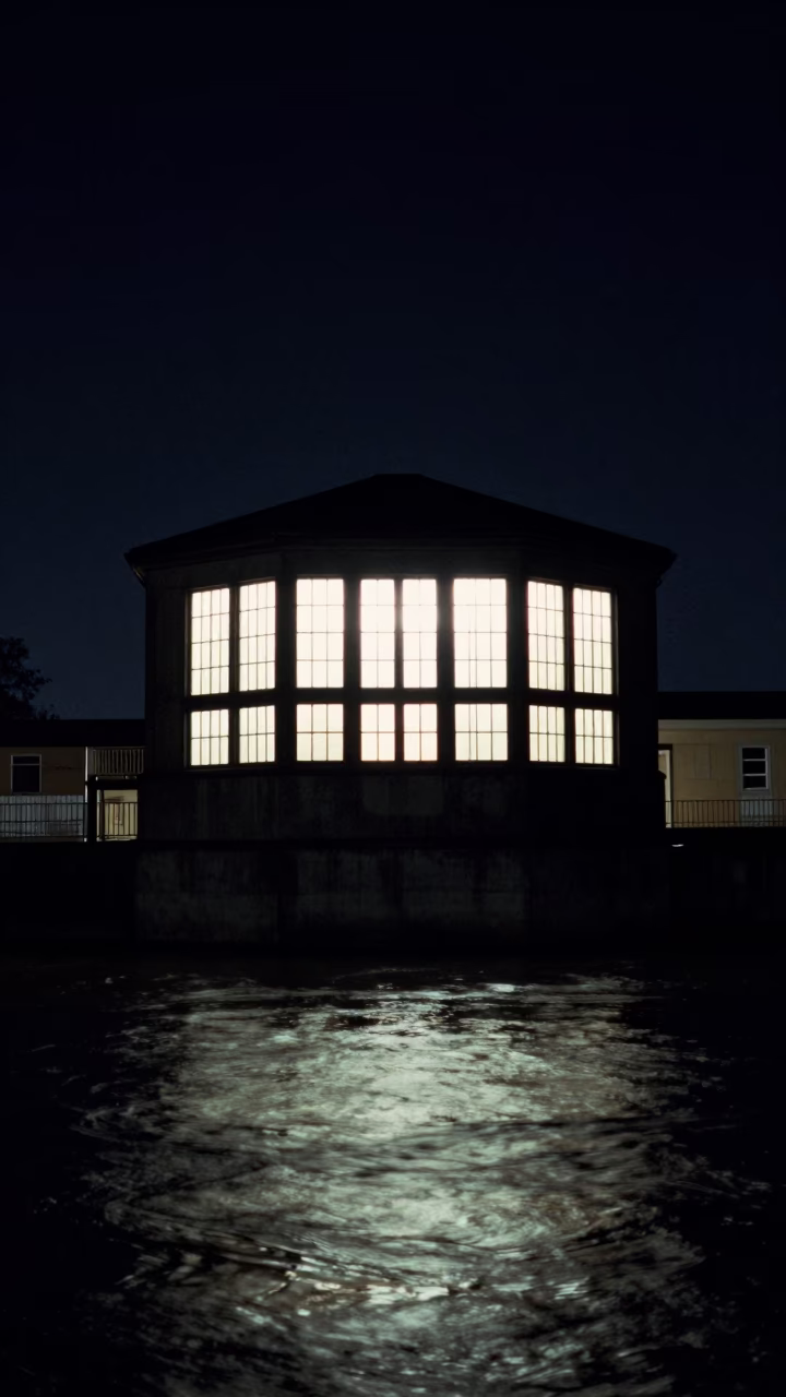 Berlin Night Scene With Glowing Levee Pump House Window Over Floodwater in in Berlin, Germany