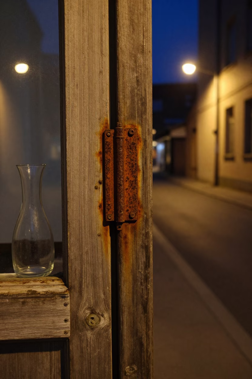 Berlin Night Scene With Rusty Hinge And Glass Carafe Under City Lights in in Berlin, Germany