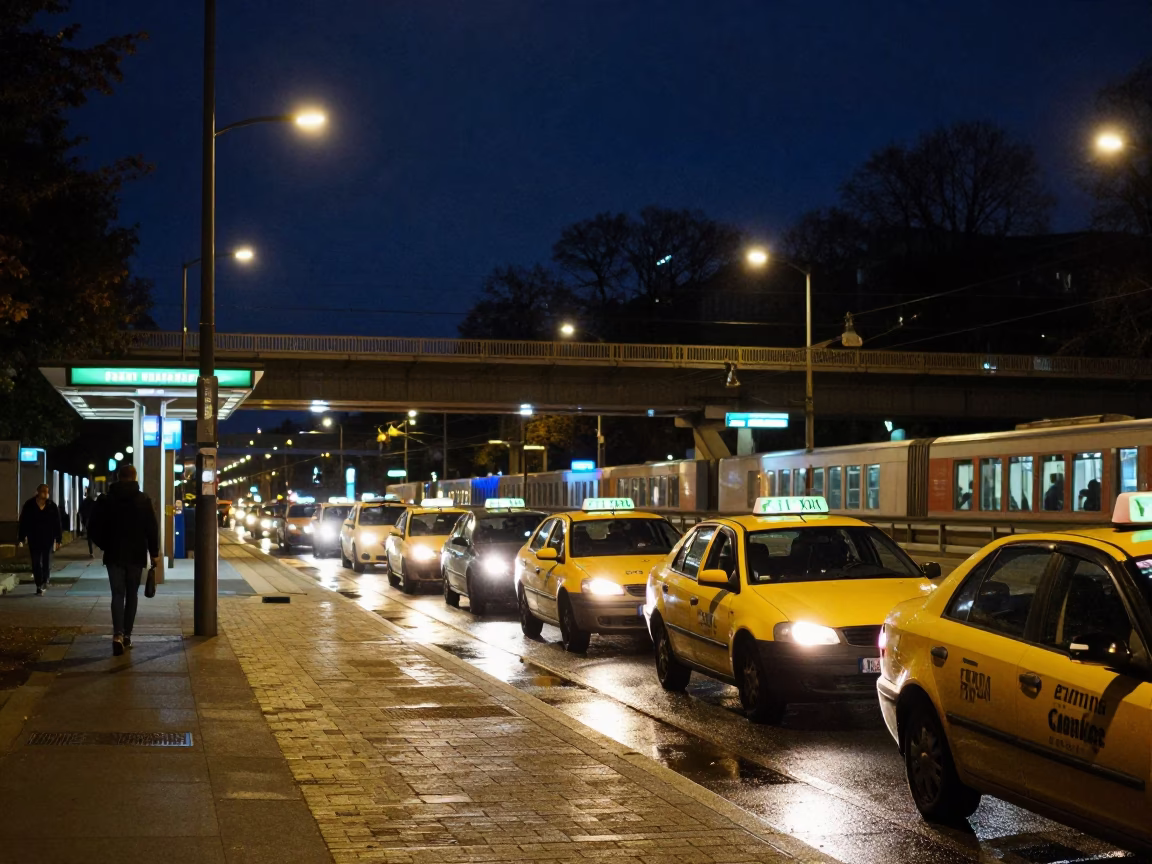 Berlin Night Scene with Taxi Rank and Overpass Interchange Under Deep Sky in in Berlin, Germany