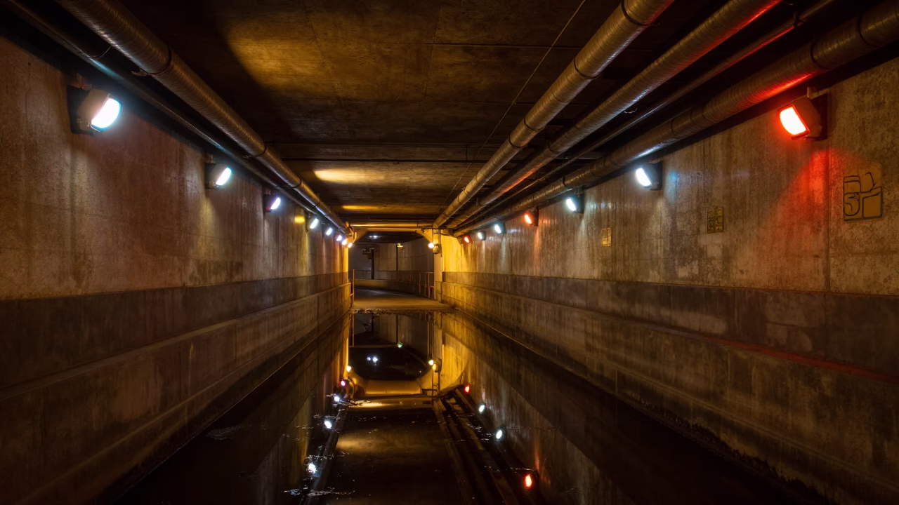 Berlin Night Service Tunnel Sump Reflection with Blinking Indicators and Water Rings in in Berlin, Germany