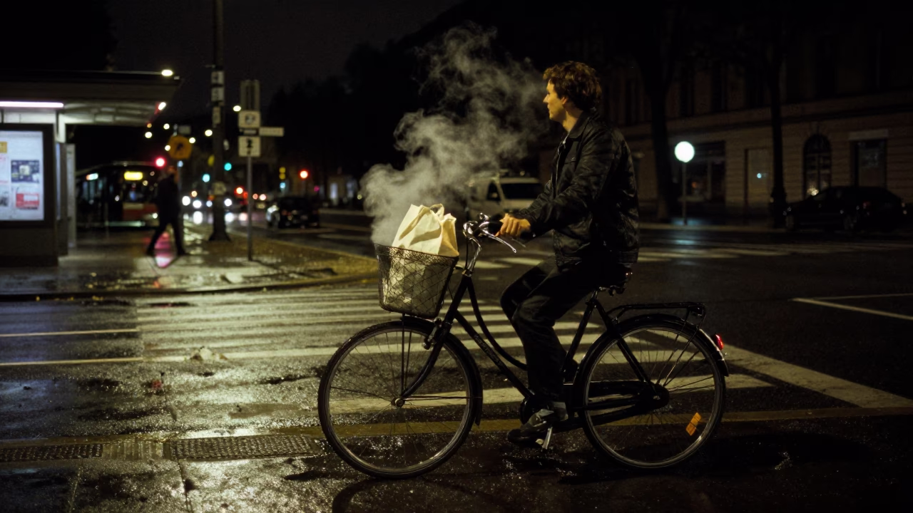 Berlin Night Street Scene with Bicycle Basket and Steam Train Distant Background in in Berlin, Germany