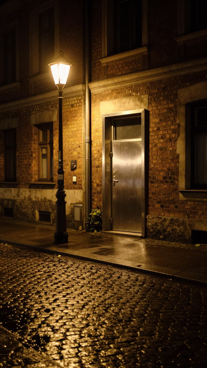 Berlin Night Street Scene with Brushed Steel Doorframe and Boot Scraper at Late Hour in in Berlin, Germany