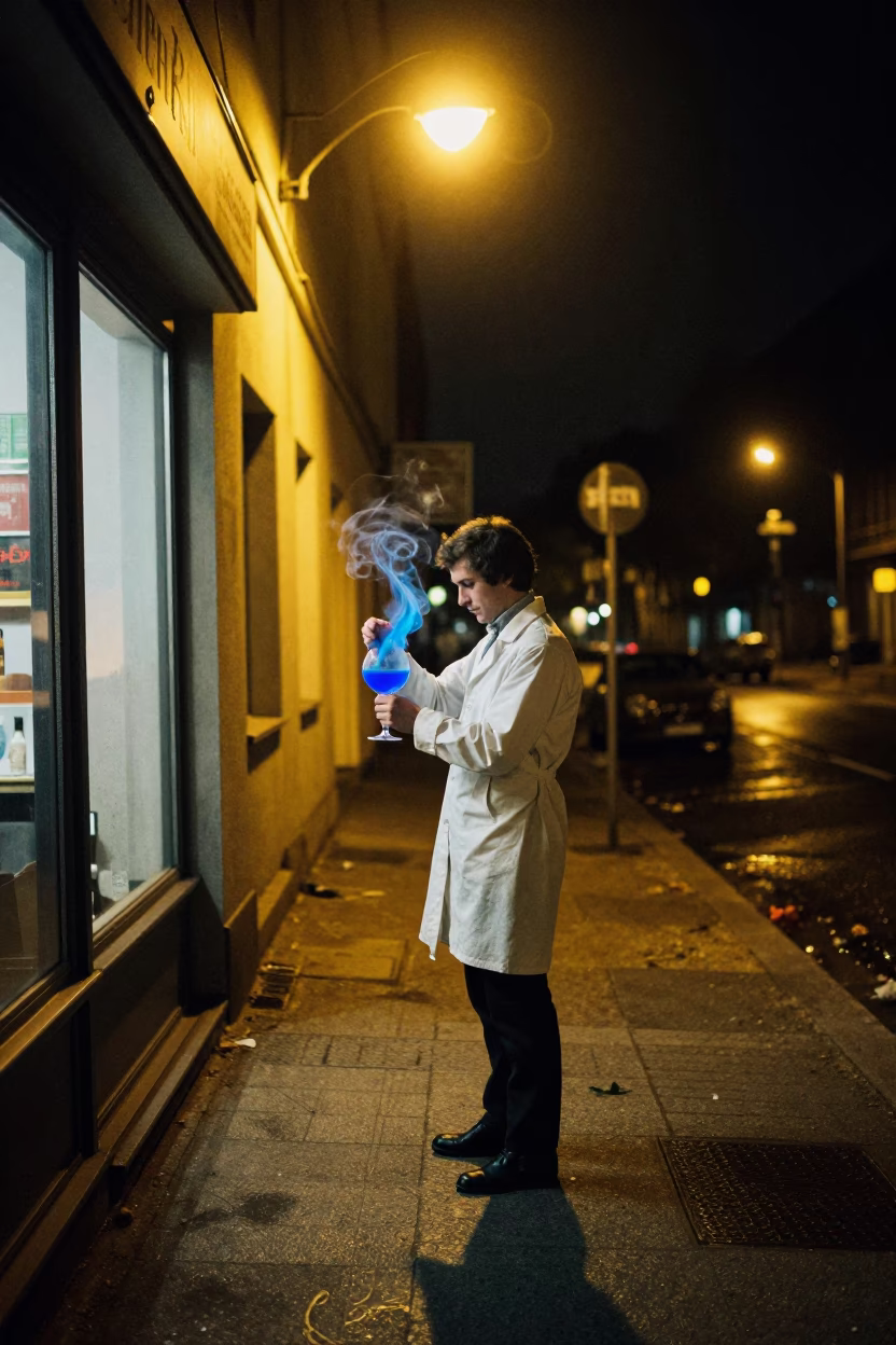 Berlin Night Street Scene with Chemist Swirling Cobalt Blue Liquid in Beaker in in Berlin, Germany