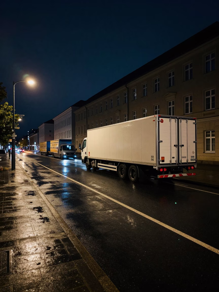 Berlin Night Street Scene with Cold Chain Logistics and Urban Details in in Berlin, Germany