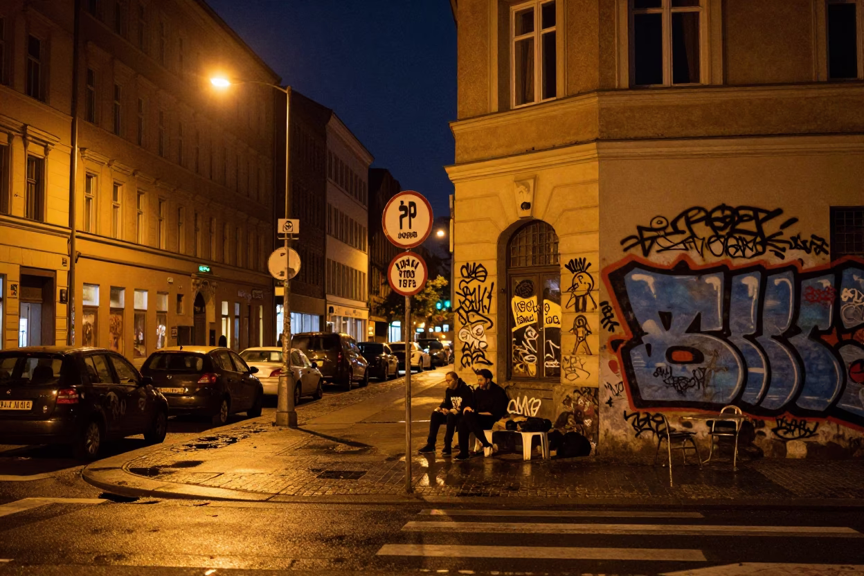 Berlin Night Street Scene with Colorful 1990s Graffiti and Urban Elements in in Berlin, Germany