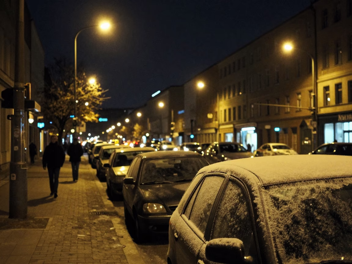 Berlin Night Street Scene with Frost on Car Window and Urban Atmosphere in in Berlin, Germany