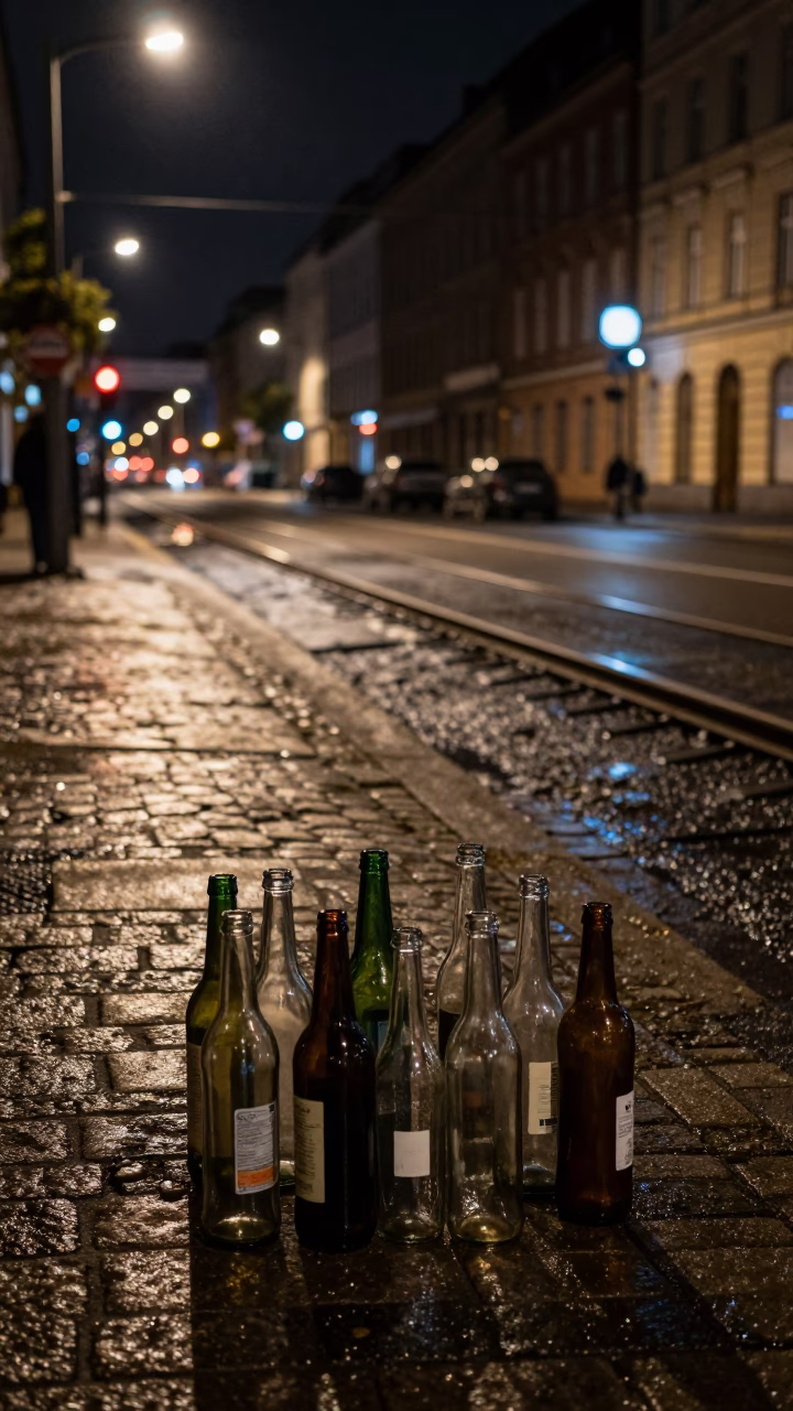 Berlin Night Street Scene with Glass Bottles and Railway Viaduct Arches in in Berlin, Germany