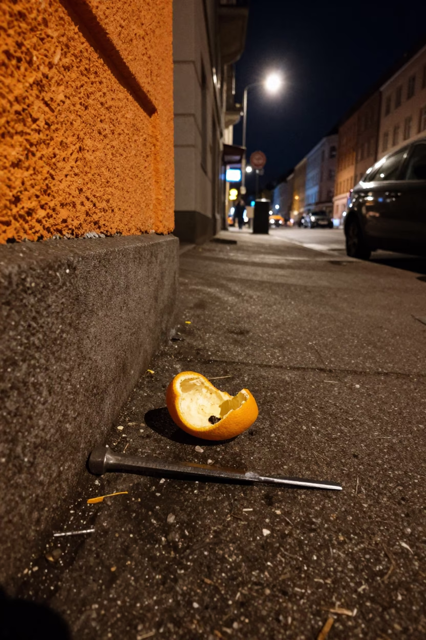 Berlin Night Street Scene with Orange Peel and Chisel in Urban Context in in Berlin, Germany