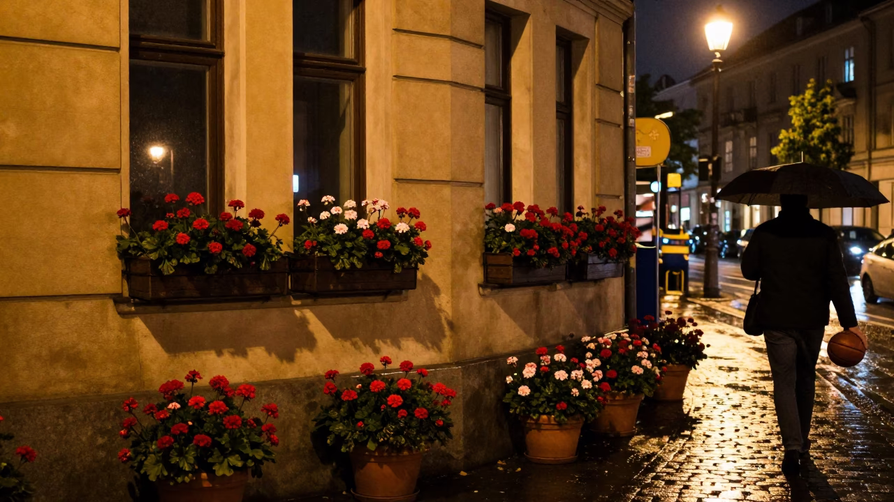 Berlin Night Street Scene with Potted Geraniums and Urban Life in Germany in in Berlin, Germany