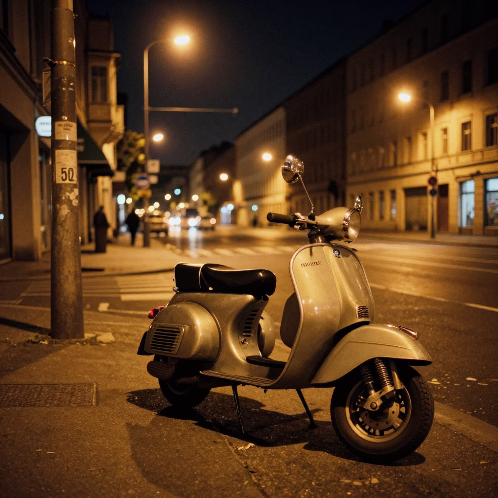 Berlin Night Street Scene with Scooter and Urban Details in in Berlin, Germany