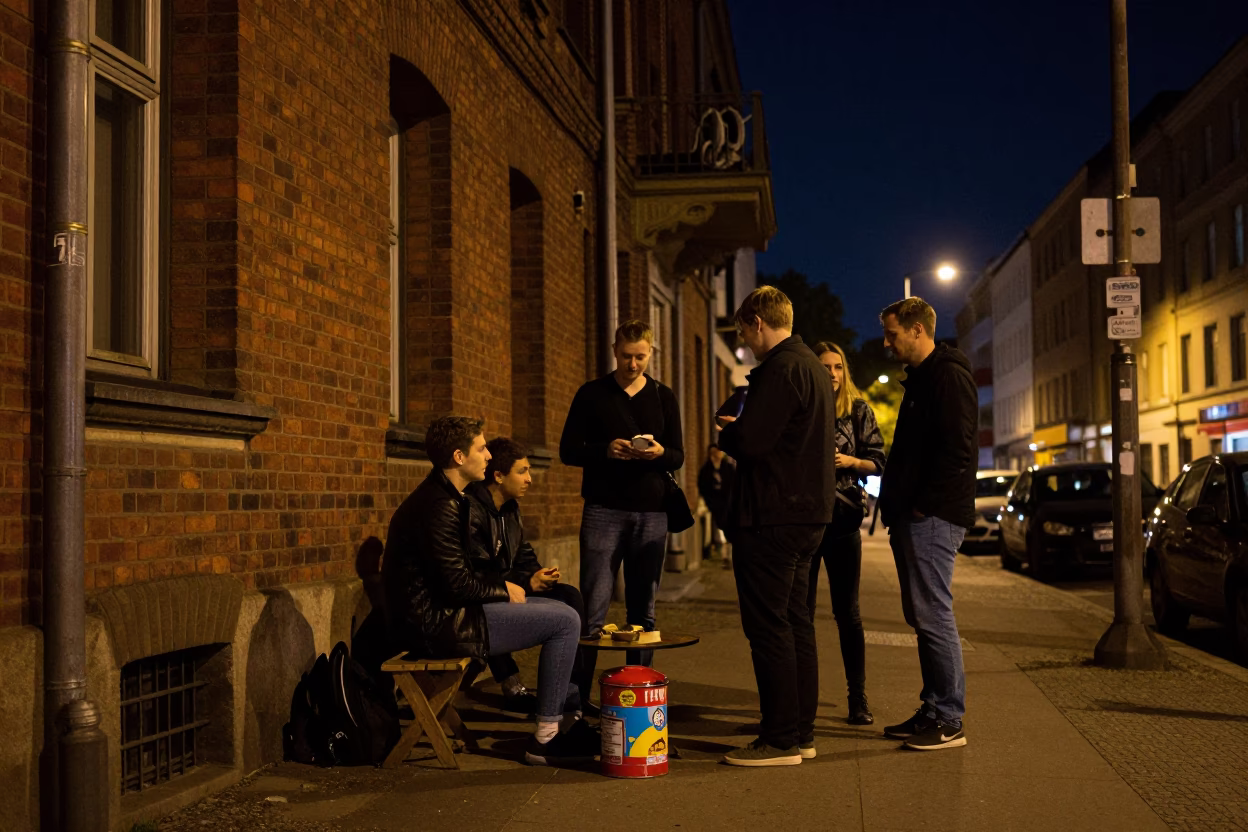 Berlin Night Street Scene with Tiffin Tin and Chaat Bowl on Cobblestone in in Berlin, Germany