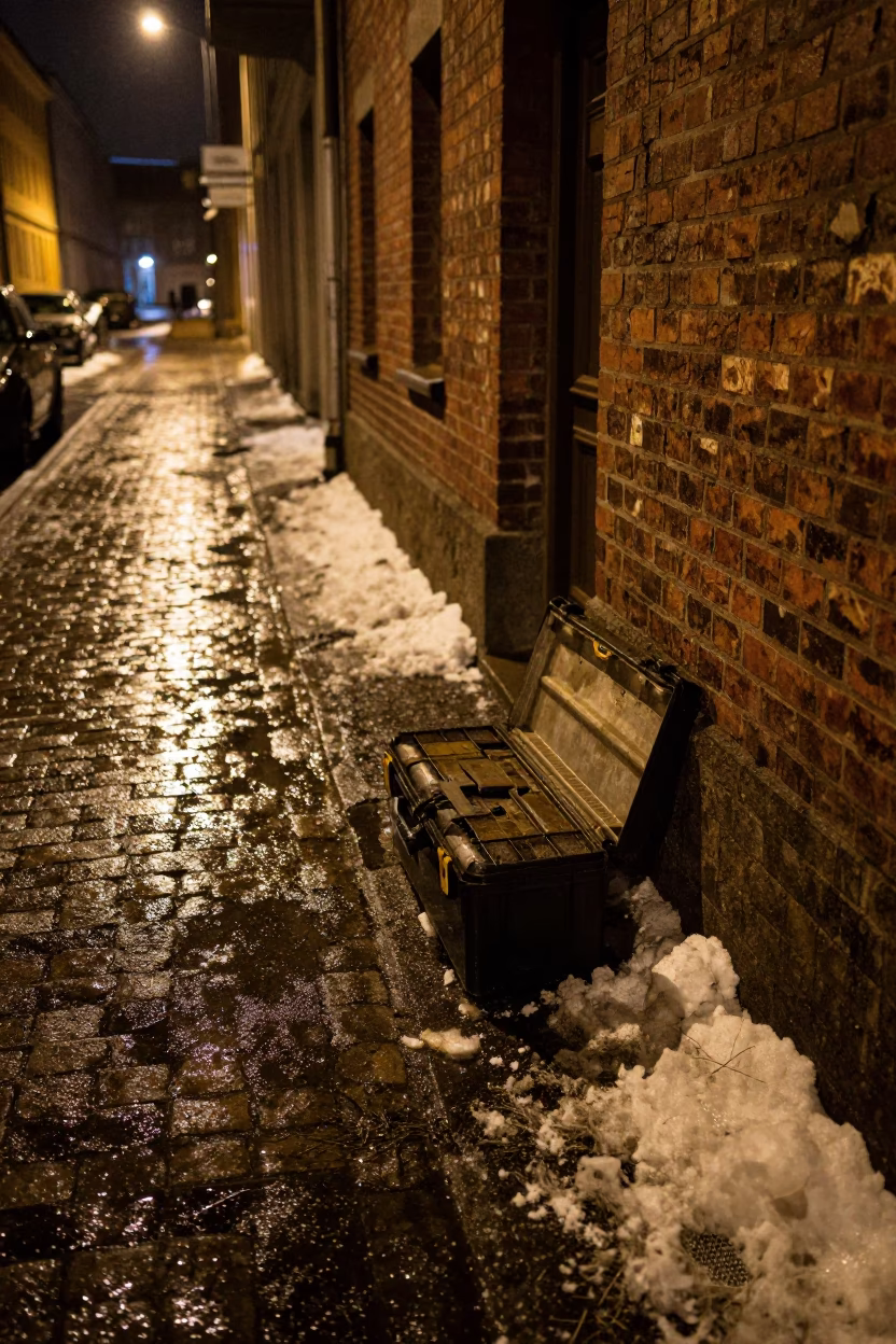 Berlin Night Street Scene with Toolbox and Wet Slush Corridor Reflections in in Berlin, Germany