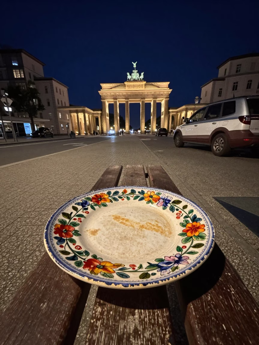 Berlin Night Street Scene with Vintage Majolica Plate and Enamel Bowls on Cobblestones in in Berlin, Germany