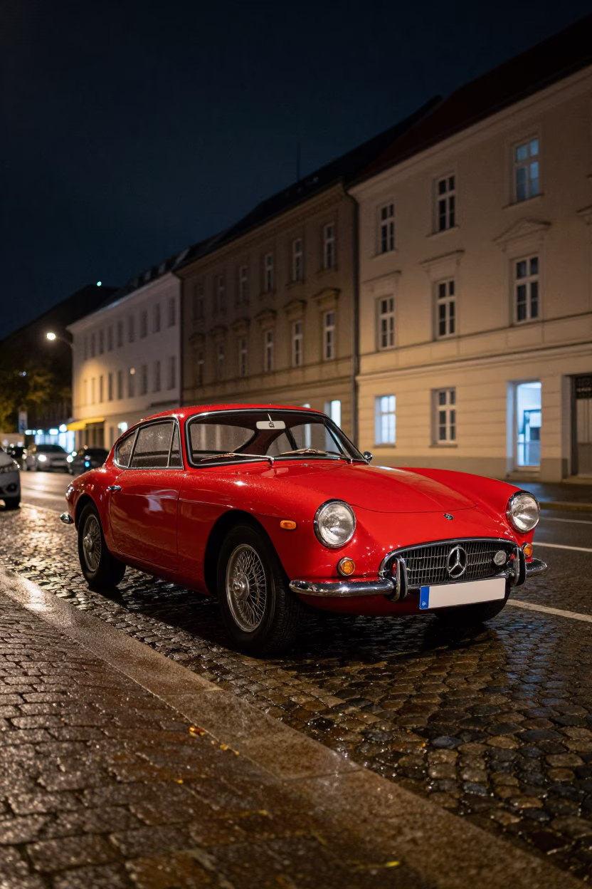 Berlin Night Street Scene with Vintage Red Sports Car and Tornjak Dog in in Berlin, Germany