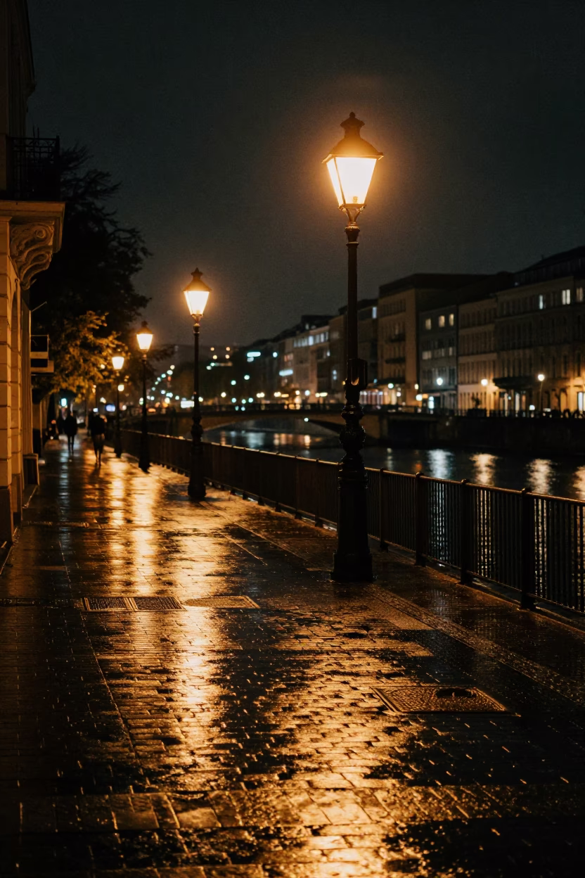 Berlin Night Street Scene with Wet Pavement Reflections and Urban Architecture in in Berlin, Germany