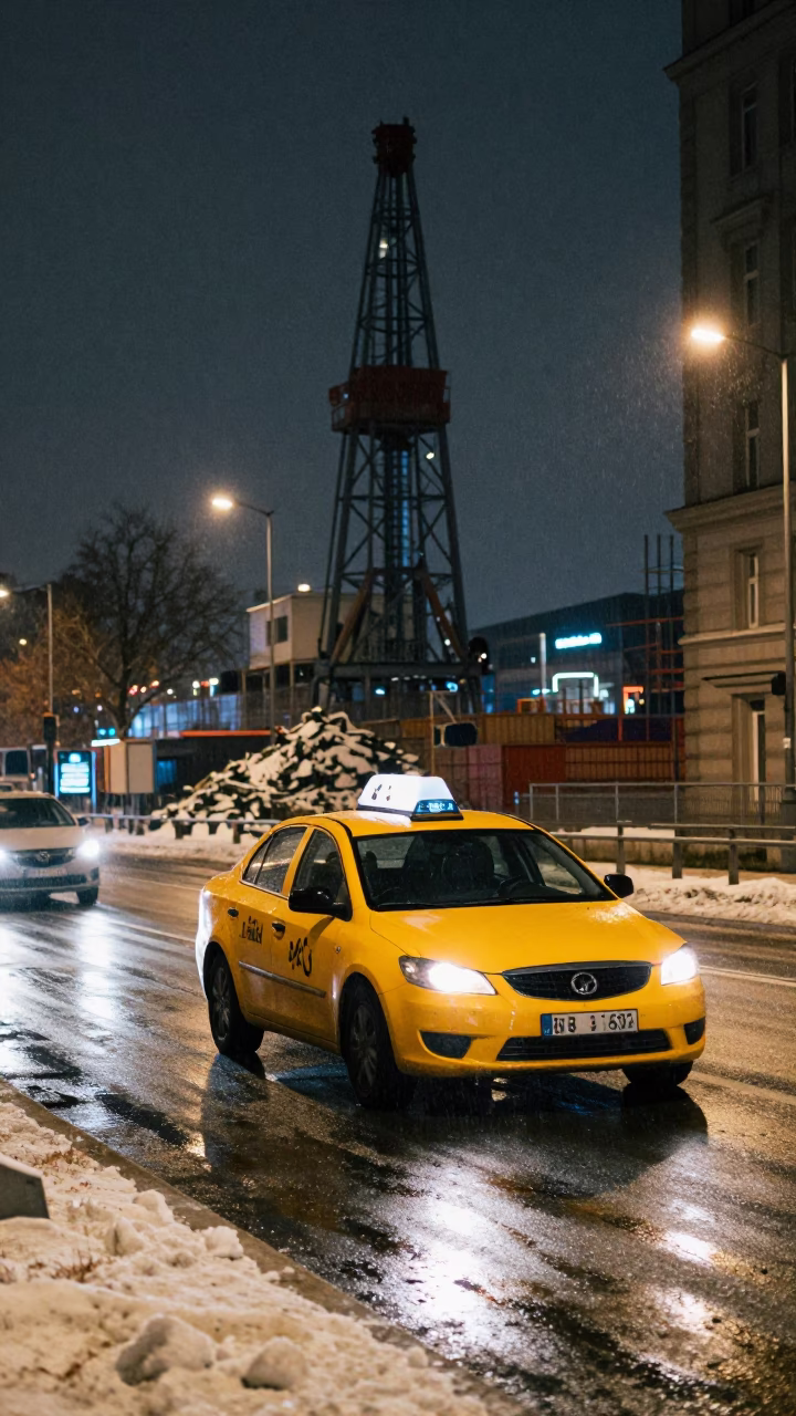Berlin Night Street Scene with Yellow Taxi and Snowy Construction Pile Driver in in Berlin, Germany