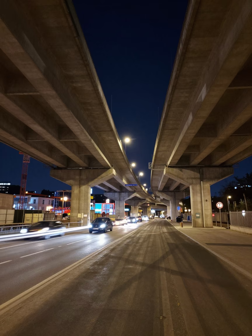 Berlin Night Under Flyover Shadows Cement Mixer Construction Site Street Scene in in Berlin, Germany