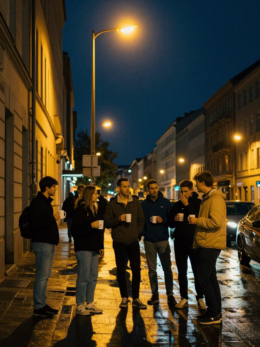Berlin Nightlife Street Scene with Mugs and Urban Architecture in in Berlin, Germany