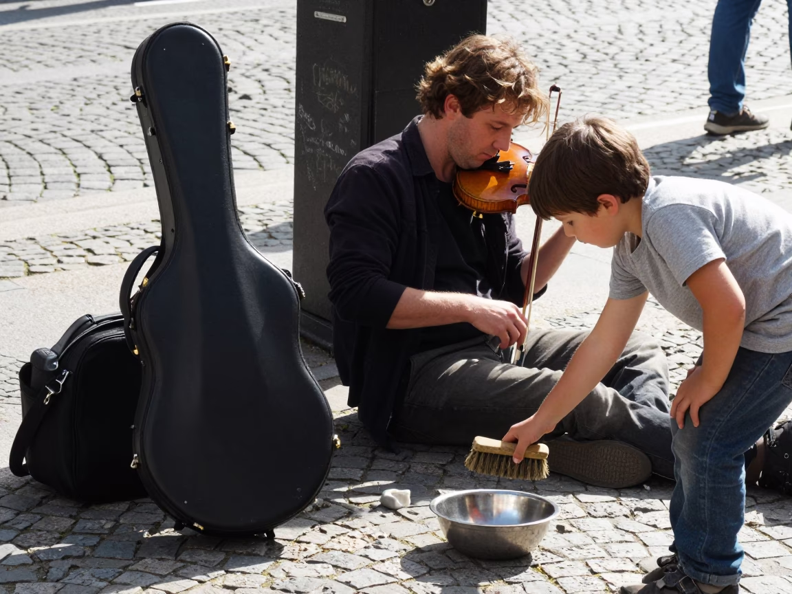 Berlin Noon Street Scene with Violin Case and Scrub Brush in in Berlin, Germany