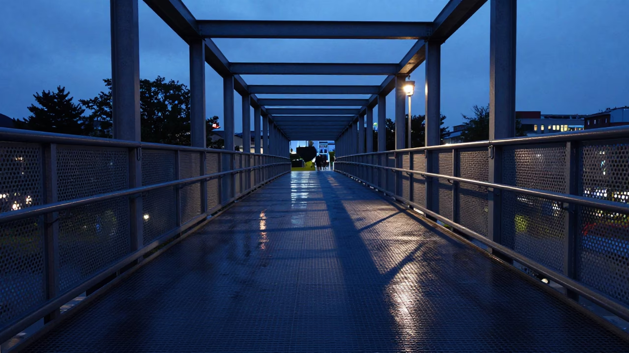 Berlin Pedestrian Overpass at Indigo Twilight with Wet Footsteps and Urban Reflections in in Berlin, Germany