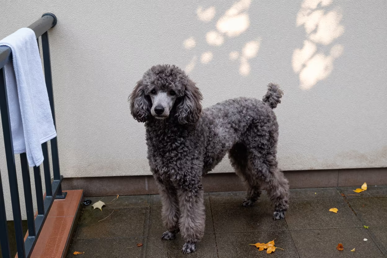 Berlin Poodle in Dappled Autumn Rain in beside a plain courtyard wall in clear daylight with the animal at eye level near Berlin