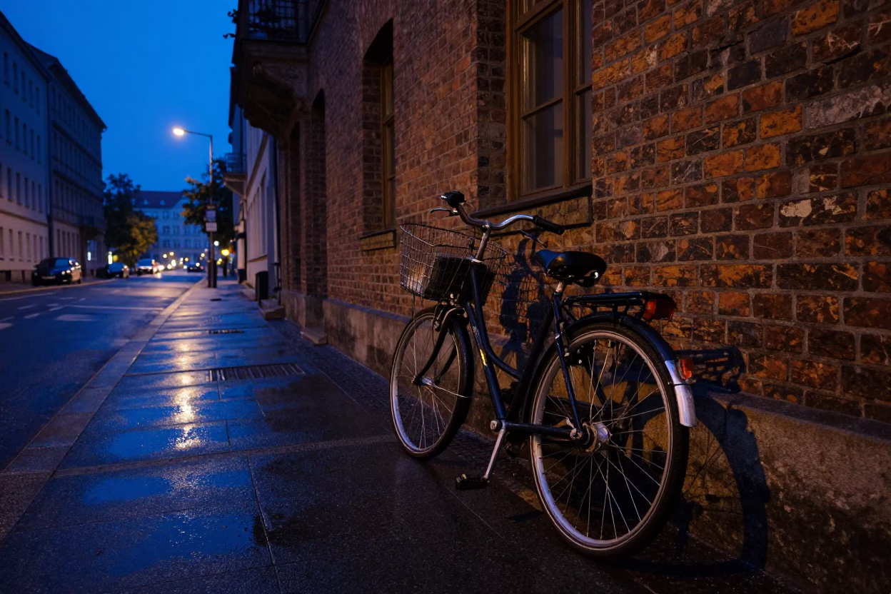 Berlin Pre-Dawn Street Scene with Bicycle Basket and Wet Pavement Reflections in in Berlin, Germany
