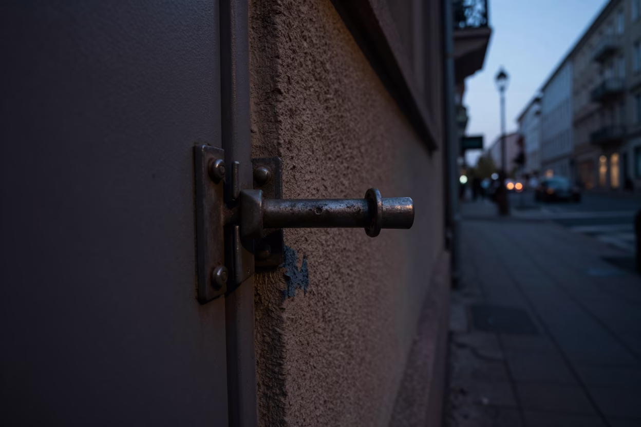 Berlin pre-dawn street scene with door latch and urban decay details in in Berlin, Germany