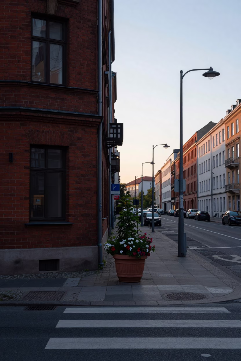 Berlin Pre-Dawn Street Scene with Flowerpot and Urban Architecture in in Berlin, Germany
