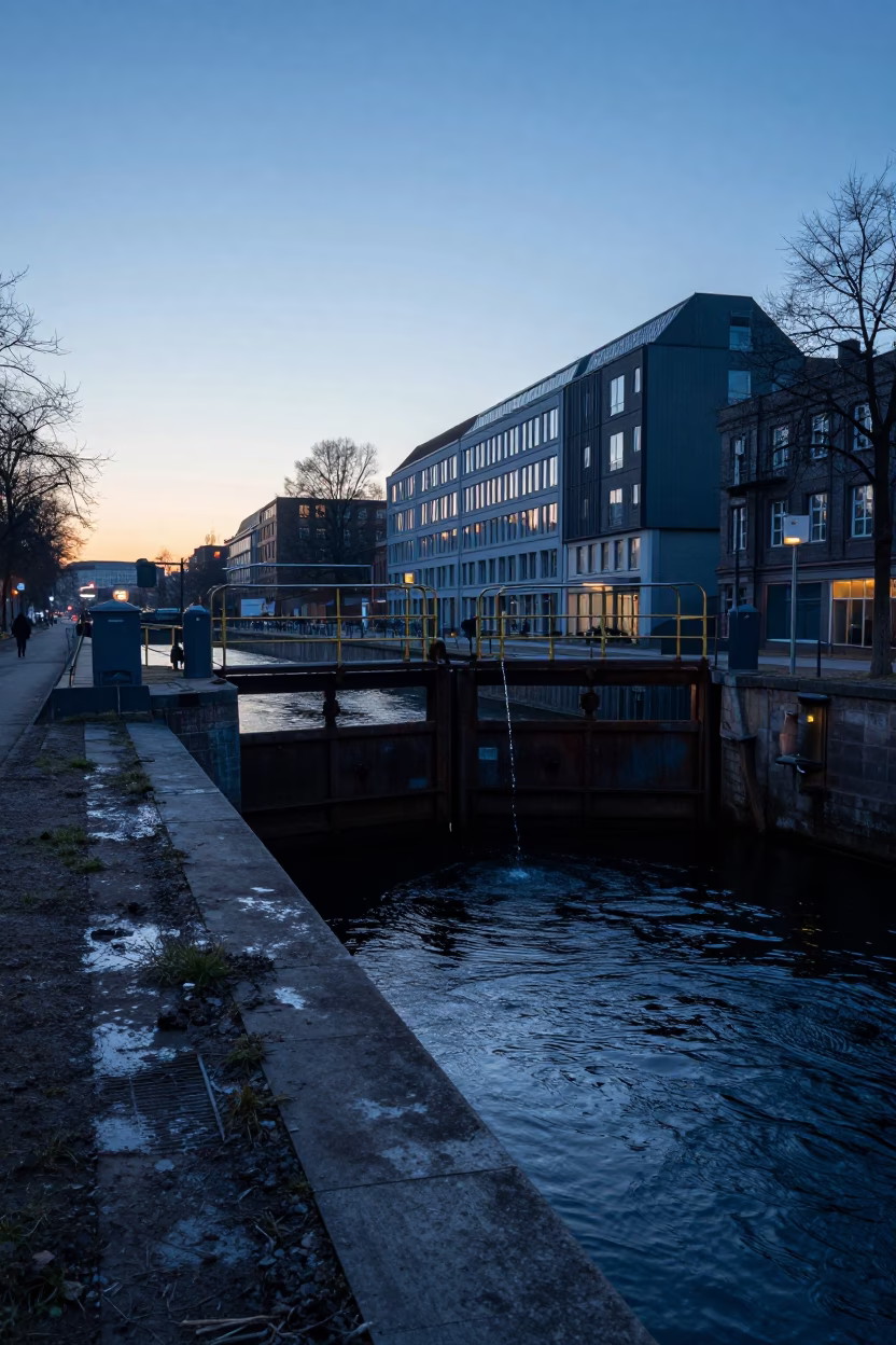 Berlin Pre-Dawn Street Scene with Sluice Gate and Urban Canal Details in in Berlin, Germany