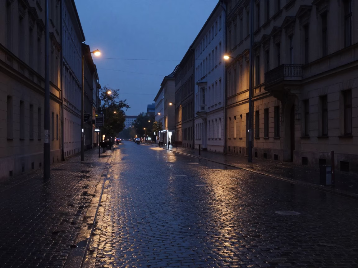 Berlin pre-dawn street scene with wet cobblestones and distant city lights in in Berlin, Germany