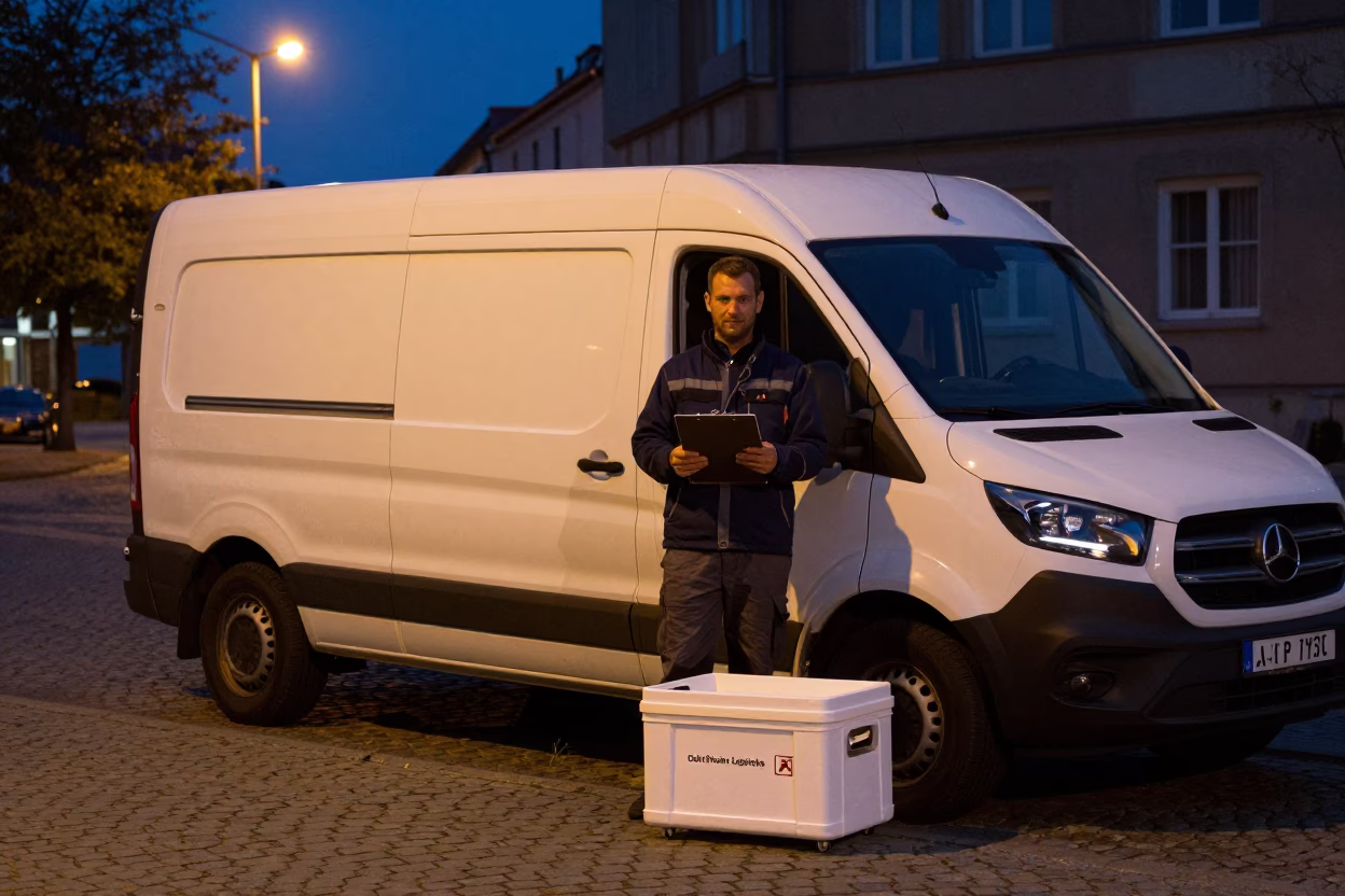 Berlin Predawn Cold Chain Logistics Insulated Crates and Clipboards in Urban Night in in Berlin, Germany