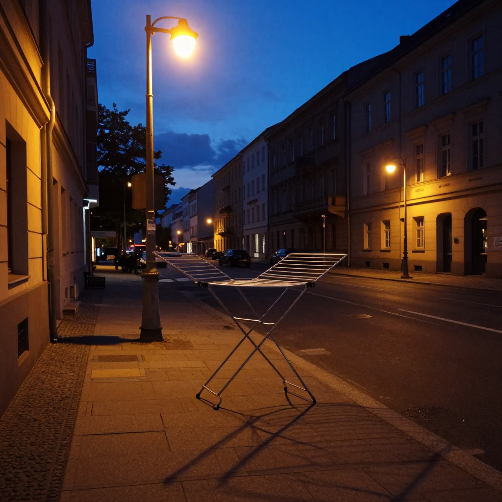 Berlin Predawn Street Scene with Drying Rack and Urban Shadows in in Berlin, Germany