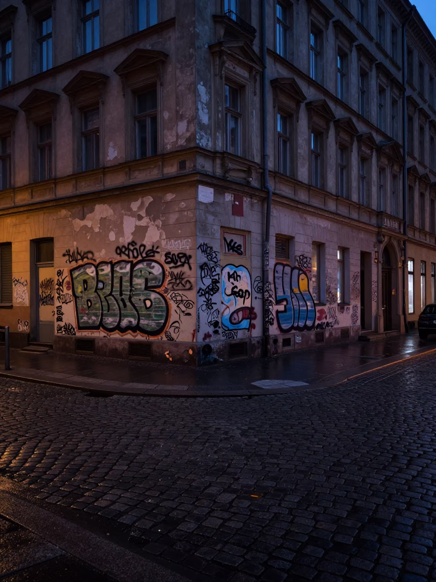 Berlin Predawn Street Scene with Graffiti and Cobblestones in in Berlin, Germany