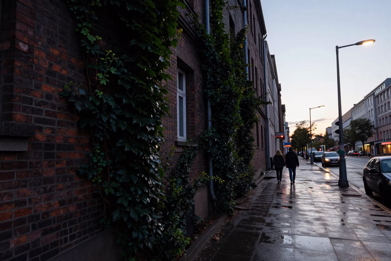 Berlin Predawn Street Scene with Ivy Vines and Wet Pavement Reflections in in Berlin, Germany