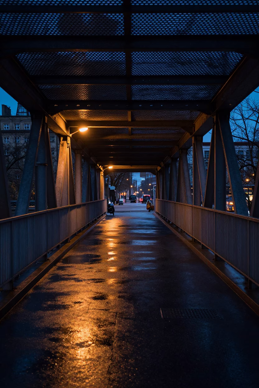 Berlin Predawn Street Scene with Pedestrian Overpass and Wet Footsteps in in Berlin, Germany