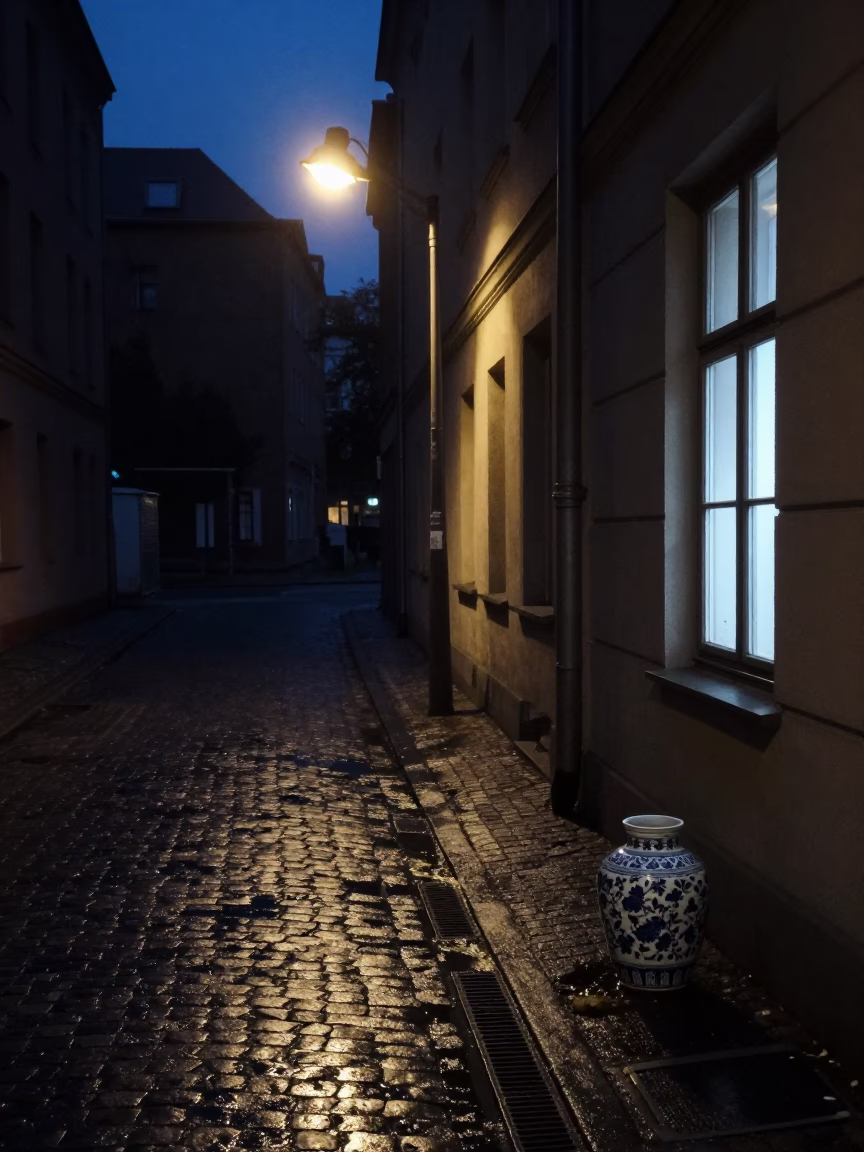 Berlin Predawn Street Scene with Porcelain Jar and Window Light on Drain in in Berlin, Germany