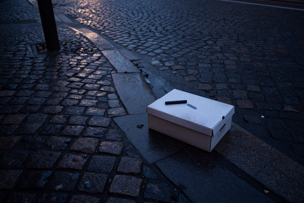 Berlin Predawn Street Scene with Shoebox and Charcoal Stick on Cobblestone in in Berlin, Germany