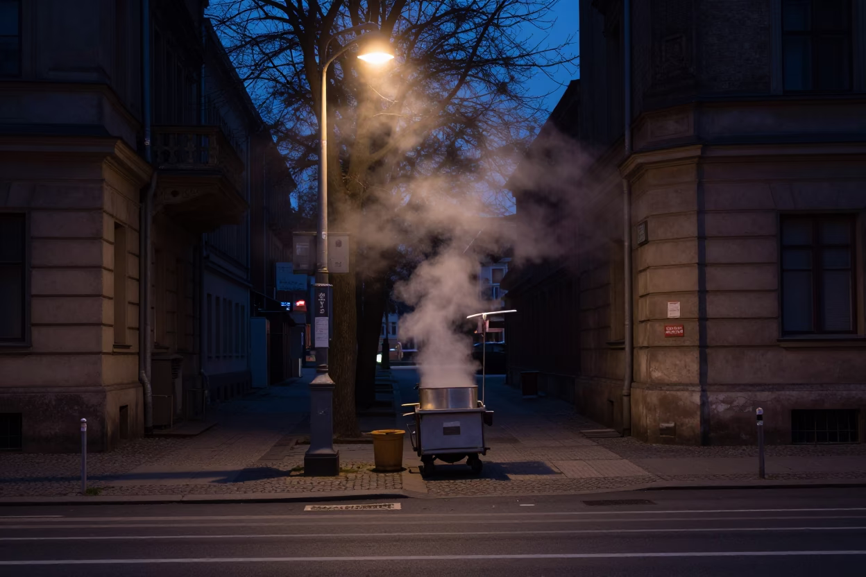 Berlin Predawn Street Scene with Steam Haze and Urban Elements in in Berlin, Germany