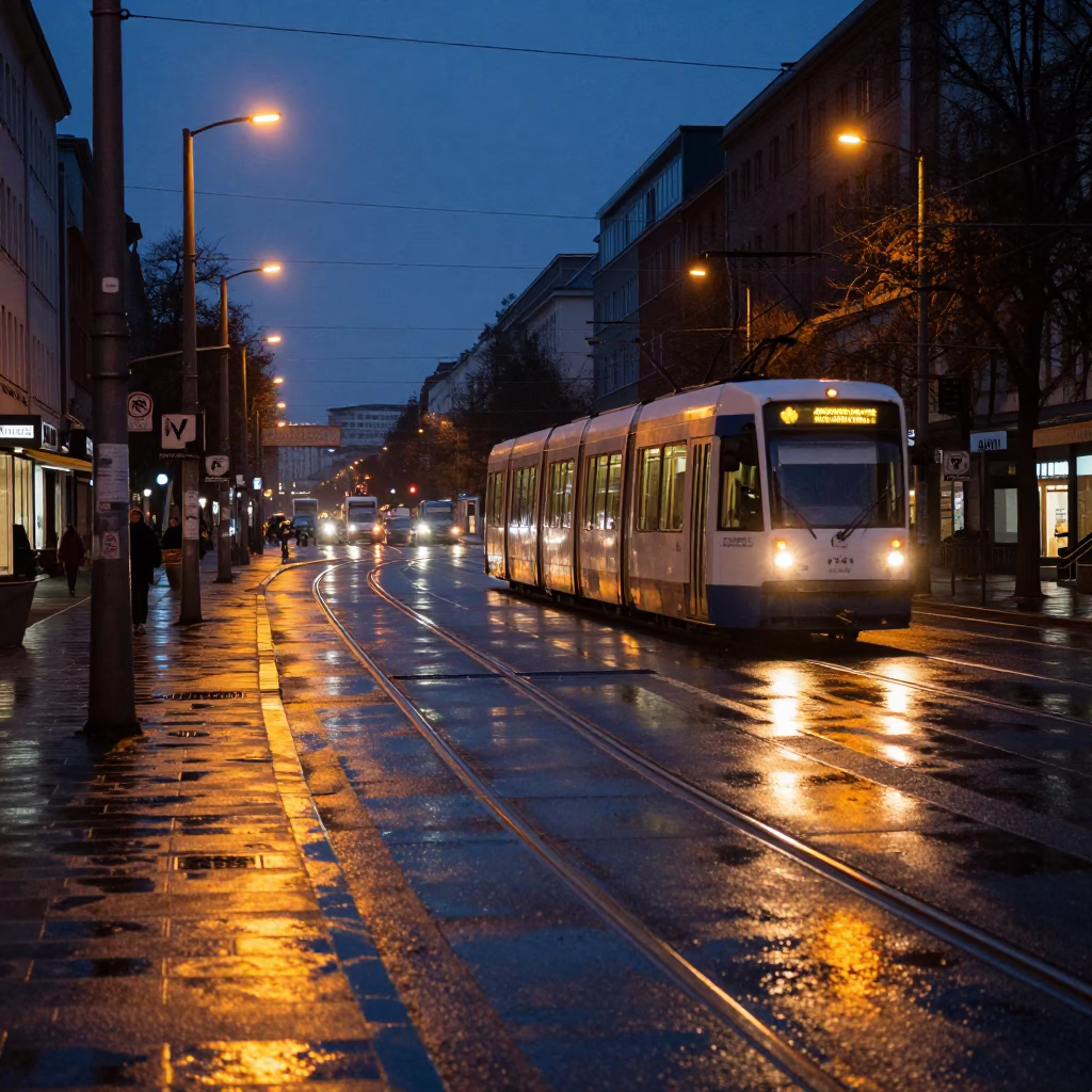 Berlin Predawn Street Scene with Tram and Monorail Tracks in Early Morning Darkness in in Berlin, Germany