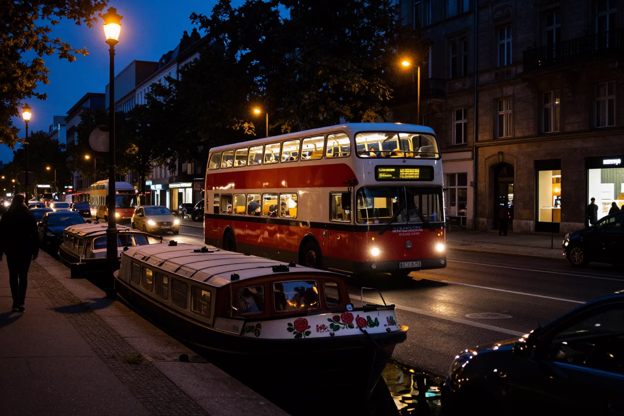 Berlin Predawn Street Scene with Vintage Double-Decker Bus and Narrowboat Hull Art in in Berlin, Germany