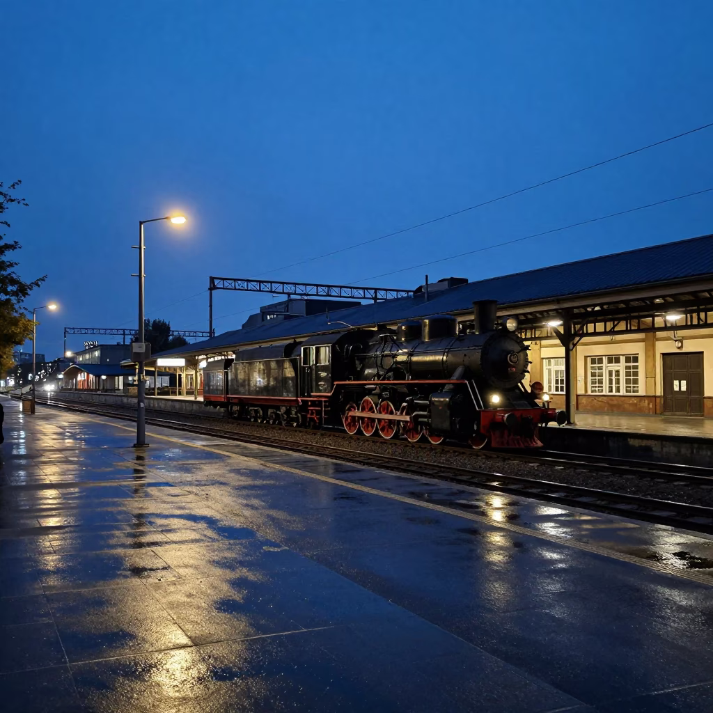 Berlin Predawn Street Scene with Vintage Locomotive and City Lights in in Berlin, Germany