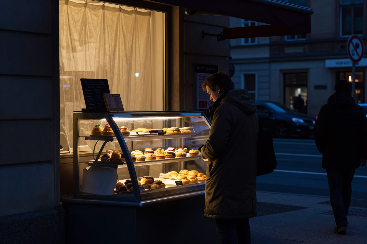 Berlin Predawn Street Scene with Window Light on Fabric Seam and Local Bakery Display in in Berlin, Germany
