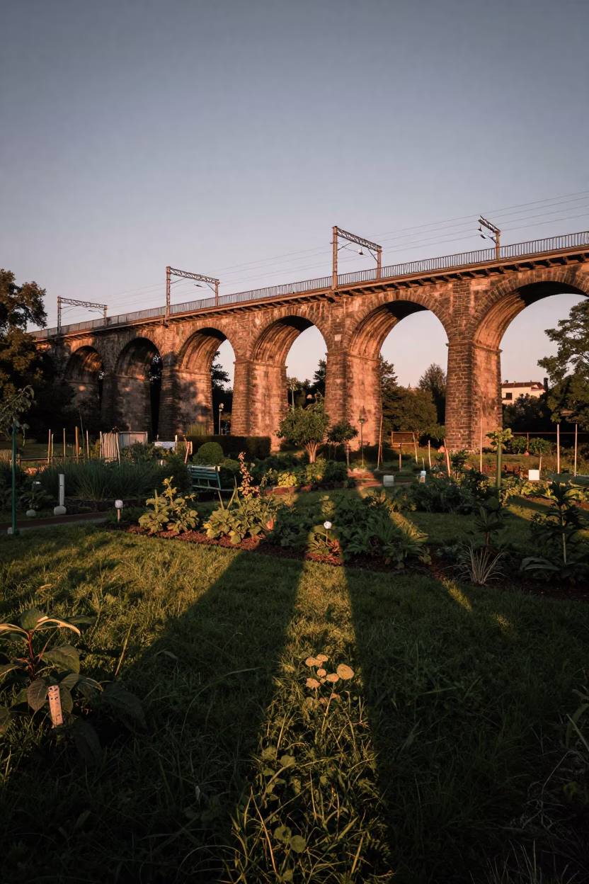 Berlin Railway Viaduct Shadow Over Allotment Gardens in Copper Dusk Light in in Berlin, Germany