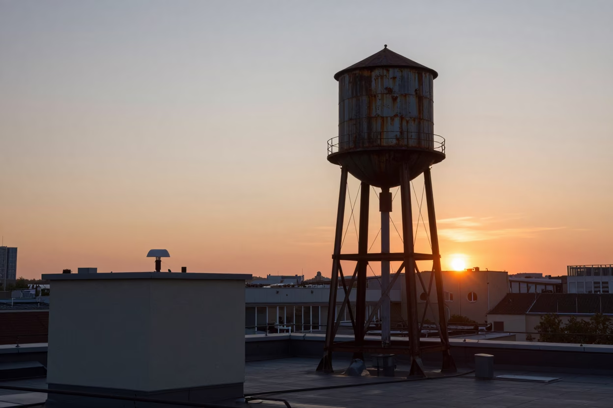 Berlin Rooftop Water Tower at Sunset with Lampshade and Paint Flecks in in Berlin, Germany