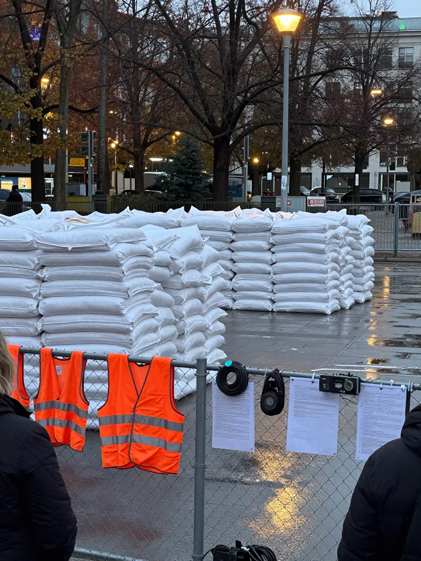 Berlin Sanitation Yard Salt Bags Reflective Vests in in a public square in Berlin